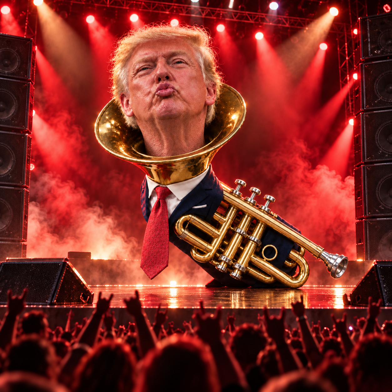 TRUMPET performing in a dramatic red-lit concert surrounded by speakers and a cheering crowd