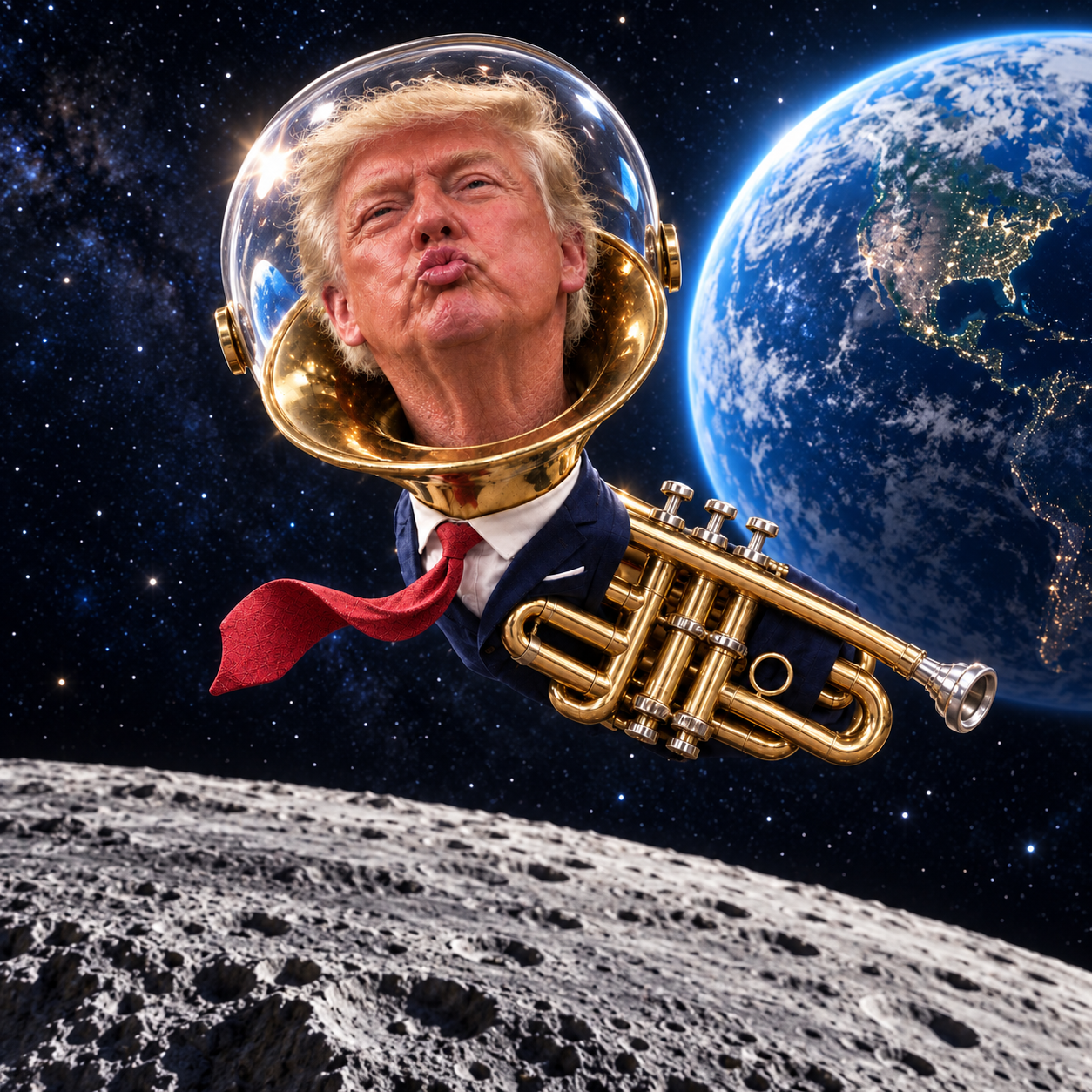 TRUMPET floating above the moon wearing a glass astronaut helmet, with Earth behind him