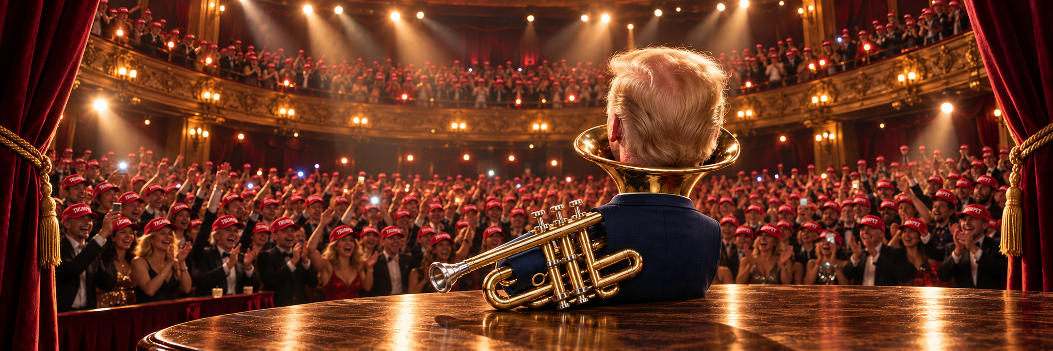 TRUMPET seen from behind in a navy suit, facing a packed golden theatre where the audience wears red TRUMPET caps