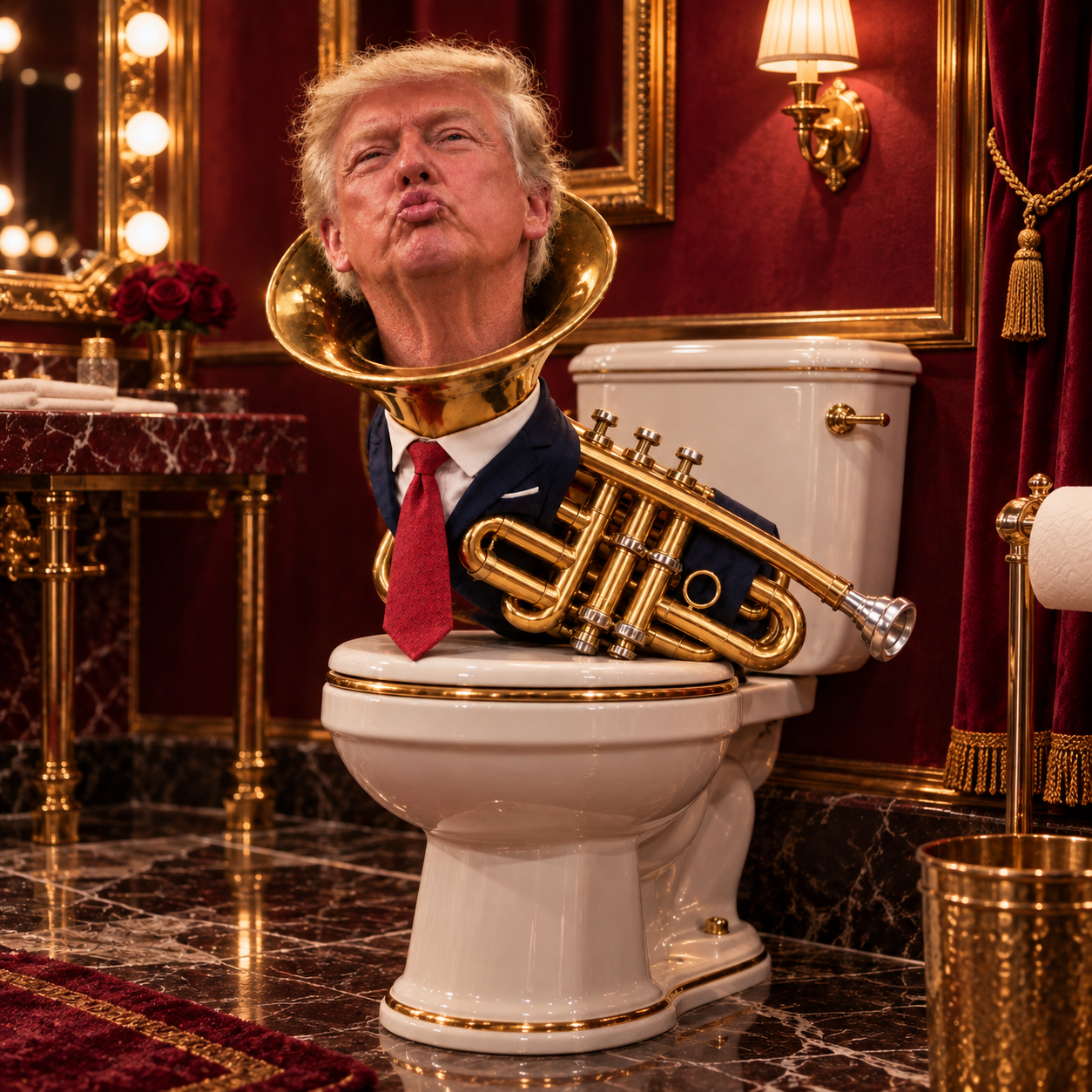 TRUMPET, with his golden trumpet body and navy suit, sitting on a white toilet in an ornate burgundy and gold bathroom