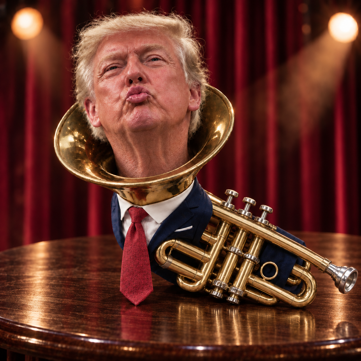 The TRUMPET headliner: Trump's blond head fused with a golden trumpet, wearing a red tie against velvet red curtains